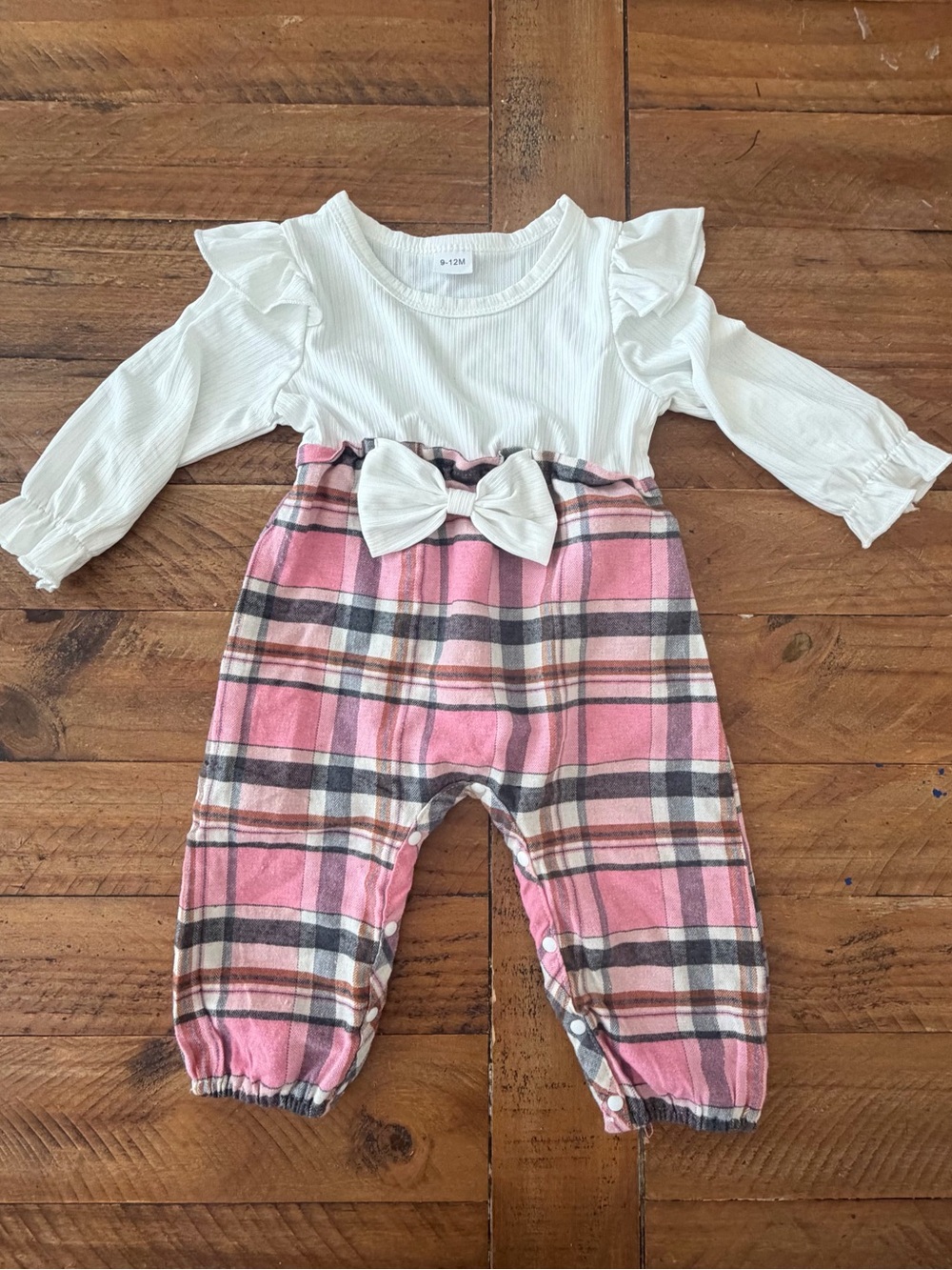 Girls White Top with Pink Plaid Bow-Front Bottoms